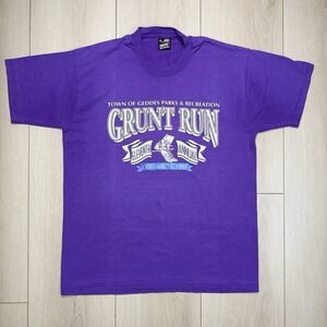 VTG 90's Grunt Run Town of Geddes L Parks Recreation Purple Tee Shirt Single Sti